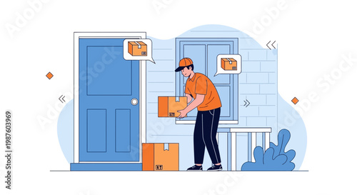 Delivery man leaving packages at the door, contactless delivery, e-commerce shipping service