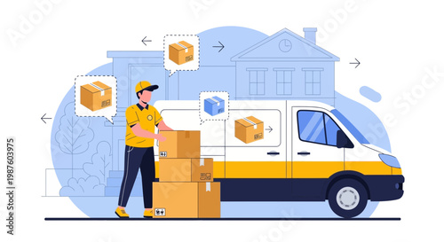 Delivery man loading boxes into a van, logistics and shipping service concept