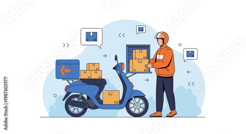 Delivery man loading packages onto scooter for fast delivery service, logistics concept