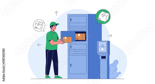 Delivery man loading package into smart locker, parcel delivery service, logistics concept