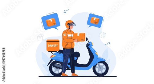 Delivery man on scooter with package, express shipping, online order, fast delivery service concept