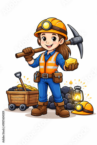 A 3d cartoon girl builder wearing a safety helmet and hat works as a handyman tool person, acting as a construction engineer or plumber with a hammer and wrench illustration