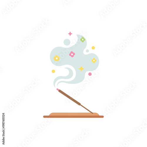Incense stick burning with smoke and floral elements, aromatherapy concept