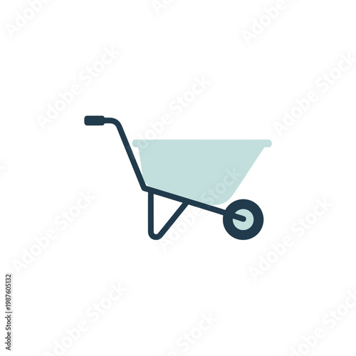 Simple illustration of a light blue wheelbarrow with dark blue frame and wheel on a white background.