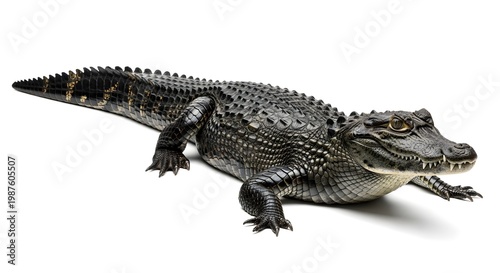 Black caiman or alligator isolated on white background. Powerful predator reptile in side view profile for wildlife education, zoo advertising, nature documentaries, and reptilian biology study.