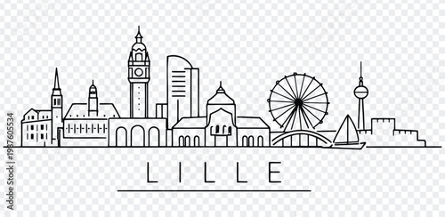 Lille city skyline with famous landmarks and ferris wheel in vector illustration