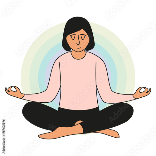 Meditation. Relax. Vector illustration. Relaxation for positive woman life. Self care and wellness and harmony. Energy.