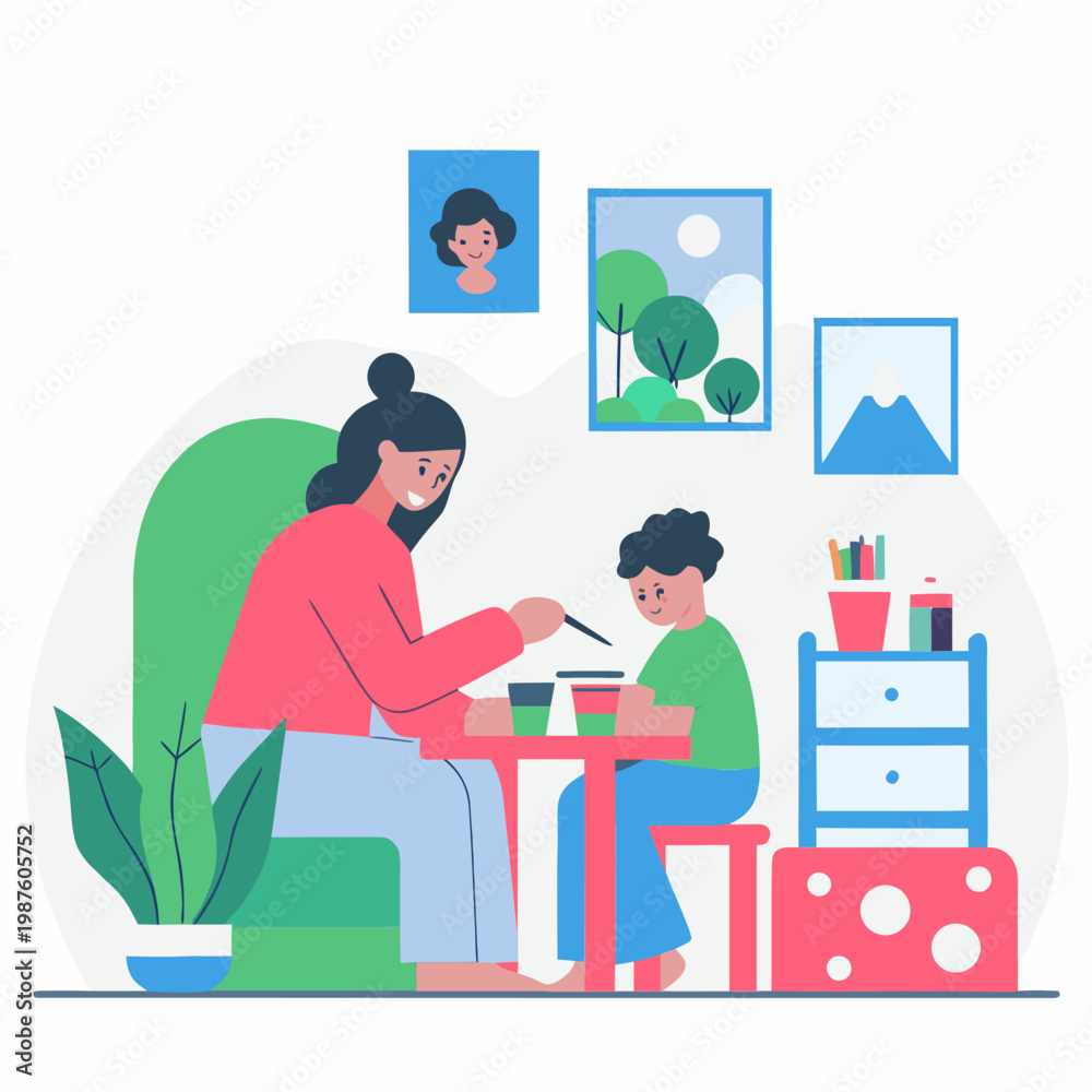 Fototapeta premium Happy Mother Helping Her Child Painting with Watercolors at Home