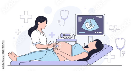 Pregnant woman undergoing ultrasound scan by medical professional, baby visible on screen