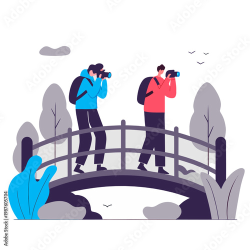 Two Backpackers Taking Photos on Wooden Bridge in Tropical Forest