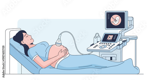 Pregnant Woman Undergoing Ultrasound Scan in Medical Clinic, Baby Image on Screen
