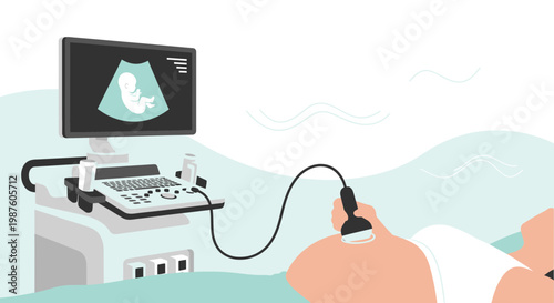 Pregnant woman undergoing ultrasound scan showing fetus on screen, medical technology concept