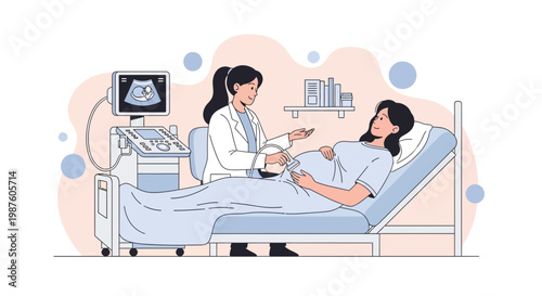 Pregnant woman undergoing ultrasound scan with doctor in clinic, medical checkup