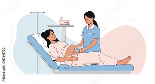 Pregnant Woman Undergoing Ultrasound Scan with Nurse in Medical Clinic