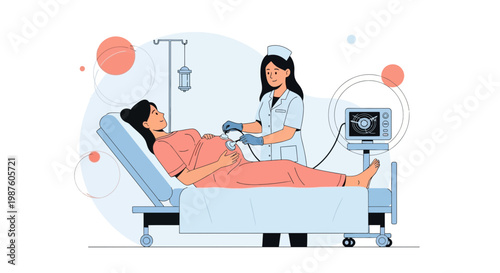 Pregnant woman undergoing ultrasound scan with nurse in medical clinic, healthcare concept