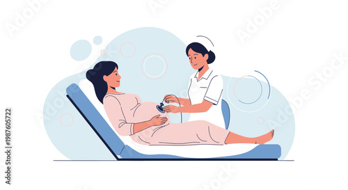 Pregnant woman undergoing ultrasound scan with nurse, healthcare, pregnancy, medical checkup