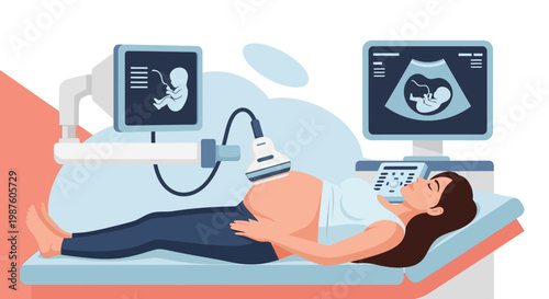 Pregnant Woman Undergoing Ultrasound Scan, Baby Image on Screen, Medical Technology