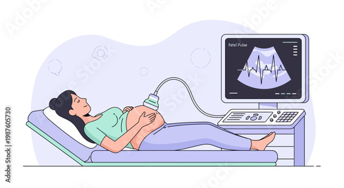 Pregnant woman undergoing ultrasound scan, fetal heartbeat displayed on monitor