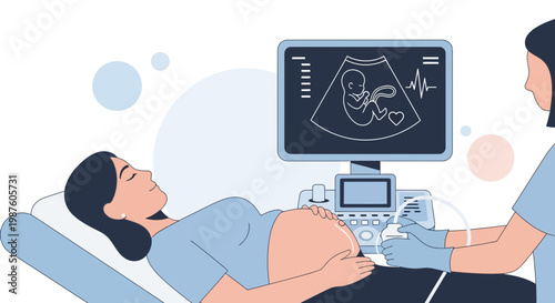 Pregnant woman undergoing ultrasound scan, doctor examining baby on screen, healthcare concept