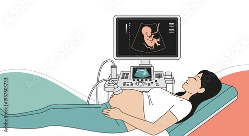 Pregnant Woman Undergoing Ultrasound Scan, Baby Image on Screen