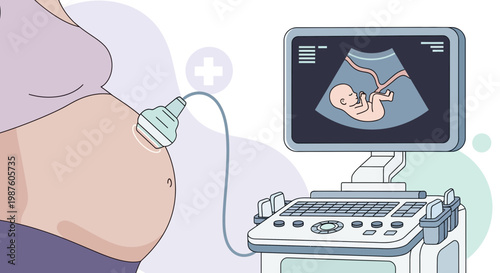 Pregnant woman undergoing ultrasound scan, baby visible on screen, medical technology