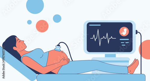 Pregnant woman undergoing ultrasound scan, fetus heartbeat on screen, medical checkup