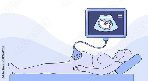 Pregnant woman undergoing ultrasound scan, fetus visible on screen, medical examination