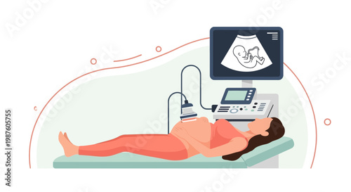Pregnant woman undergoing ultrasound scan, showing baby on screen, medical examination