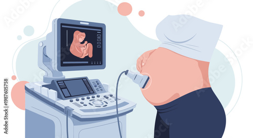 Pregnant woman undergoing ultrasound scan, showing baby on screen, medical technology