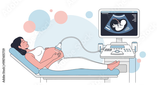 Pregnant woman undergoing ultrasound scan, showing fetus on screen, healthcare concept