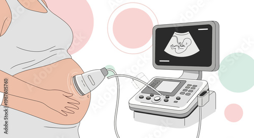 Pregnant woman undergoing ultrasound scan, showing baby image on screen, medical technology concept