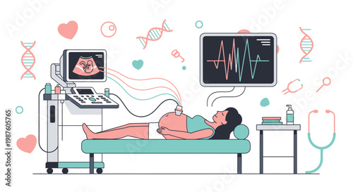 Pregnant woman undergoing ultrasound scan, showing fetal development and medical monitoring