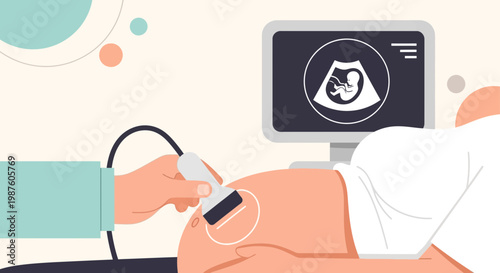 Pregnant woman undergoing ultrasound scan, showing fetus on screen, medical examination