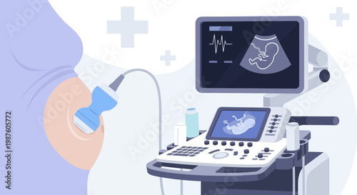 Pregnant woman undergoing ultrasound scan, showing fetus on screen, medical technology concept