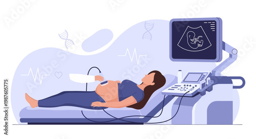 Pregnant woman undergoing ultrasound scan, showing fetus on screen, medical technology concept