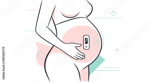 Pregnant Woman Using Fetal Doppler Monitor on Belly for Baby Heartbeat Monitoring