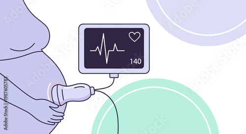 Pregnant woman using ultrasound device, monitoring fetal heartbeat on screen