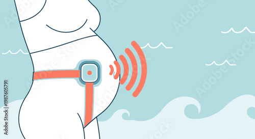 Pregnant woman wearing a fetal monitor belt with waves and sky background