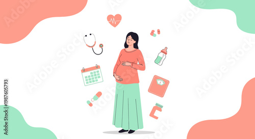 Pregnant Woman with Medical Icons - Healthy Pregnancy and Maternity Care Concept