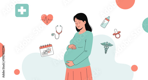 Pregnant Woman with Medical Icons: Healthcare, Pregnancy, Baby Care, Maternity