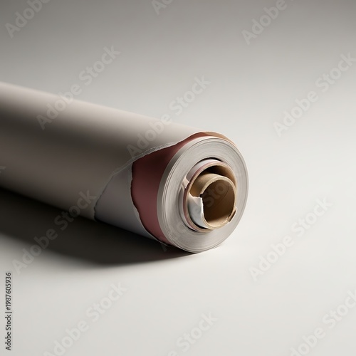 Close-up of a partially unrolled white paper roll revealing pinkish underside and cardboard core with material unrolled background wallpaper abstract