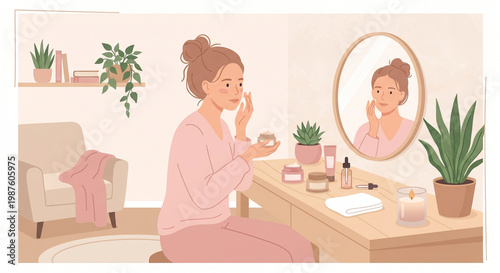 Woman applying face cream mirror portrait