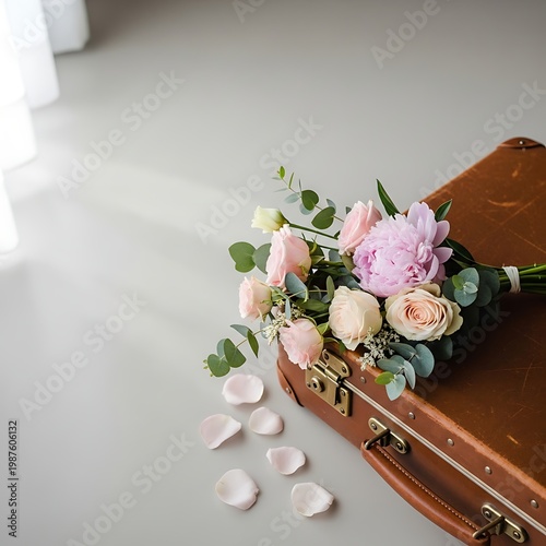 Bridal flower bouquet with pink peonies and roses on a vintage brown leather suitcase with scattered petals suitcase romantic beautiful celebrate adventure