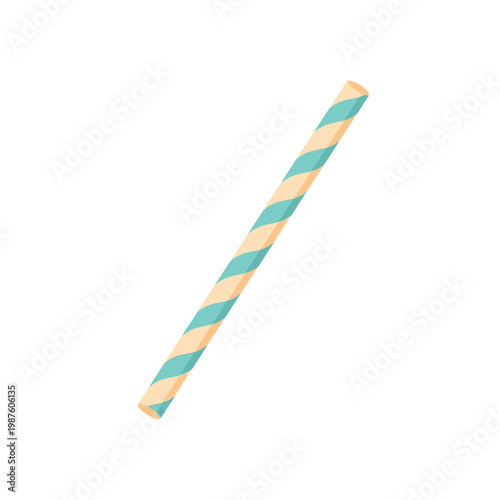 Striped drinking straw, blue and beige, isolated on white, summer beverage accessory
