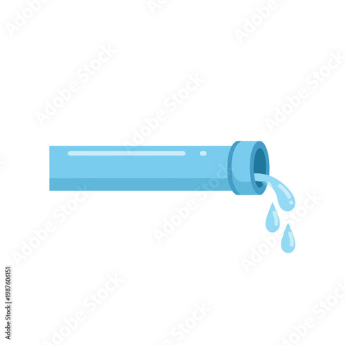 Blue pipe with dripping water droplets, isolated on white background, flat illustration