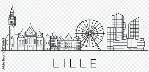 Black and white illustration of lille city skyline with ferris wheel and clock tower