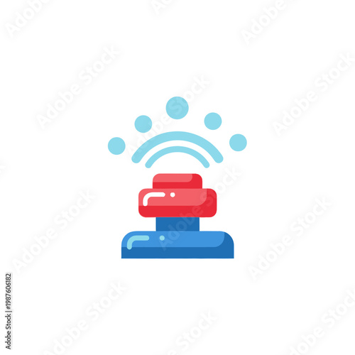 Red and blue button with blue signal waves emanating upwards, isolated on white background