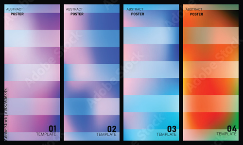 Set of four abstract poster templates with colorful gradient backgrounds and black borders for design and branding  customizable modern layouts