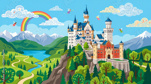 Fairy tale castle landscape rainbow mountain view
