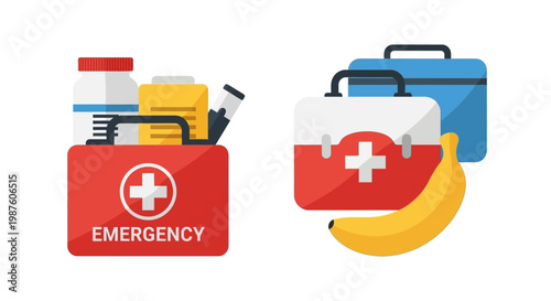 Emergency kit with first aid supplies.